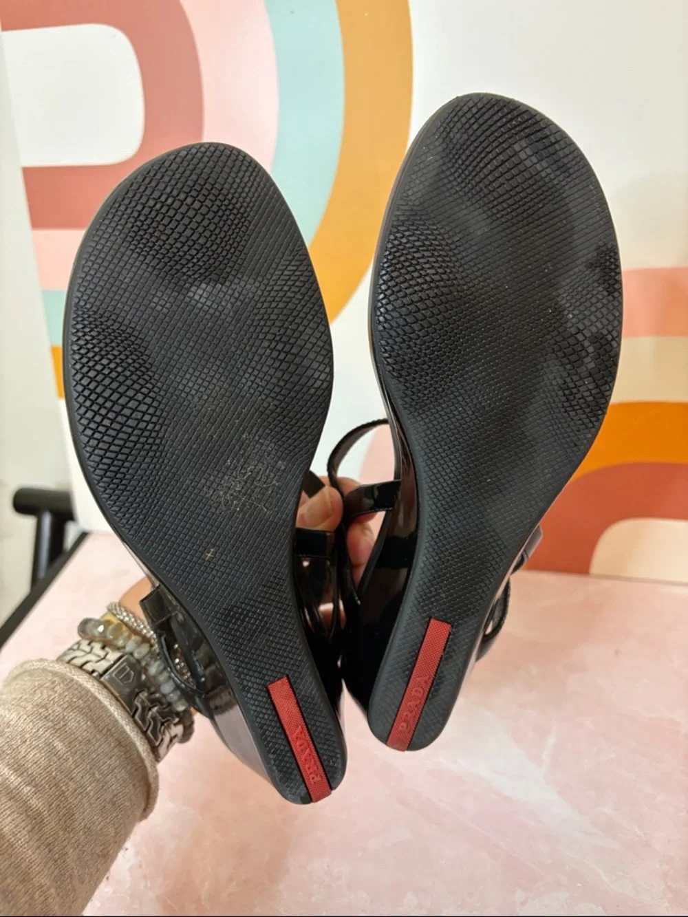 Prada Black Crystal-Embellished T-Strap Wedge Patent Leather Sandals | 37/US7 - Picture 7 of 8